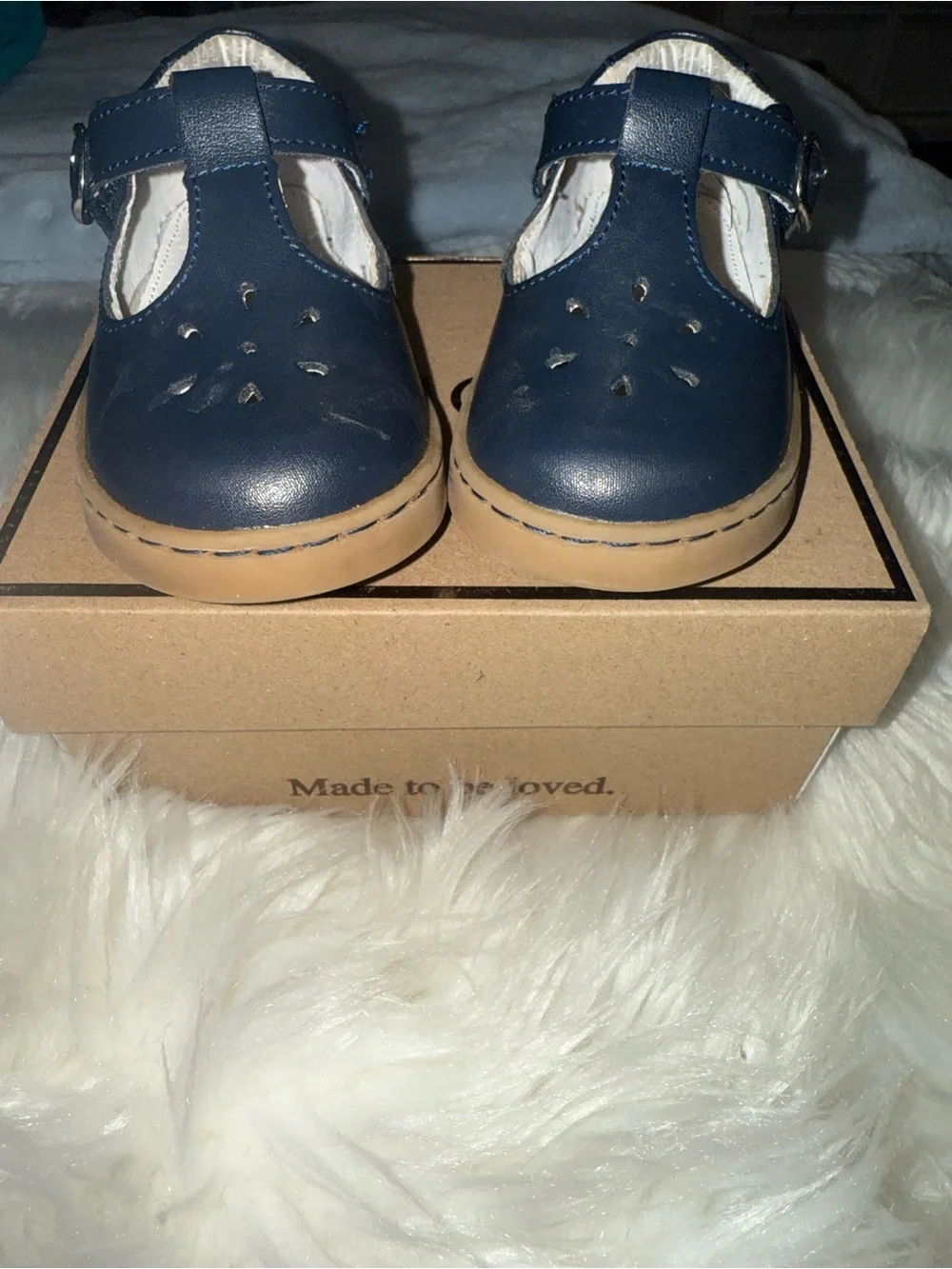 L'Amour Navy T‑Strap Kids Dress Shoes with Tan Sole